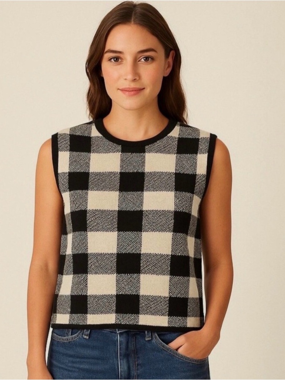 Pomander Place Black and Cream Buffalo Check Sleeveless Knit Tank